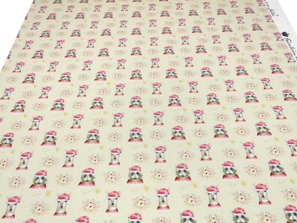 Stoff Baumwoll French Terry Sweatshirtstoff Weihnachten Rehe Waschbär Herzen Design vanille rot weiß braun beige bunt Kinderstoff Kleiderstoff