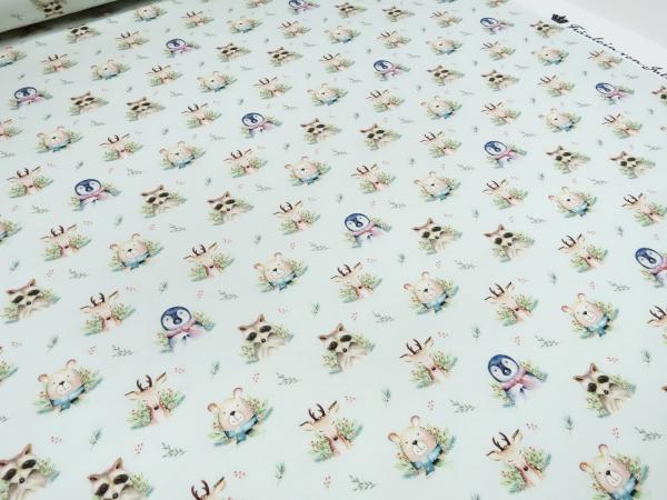 Stoff Baumwolle French Terry Sweatshirtstoff Waldtiere Hirsche Bären Pinguine Racoon Design mint grün braun bunt Kinderstoff Kleiderstoff