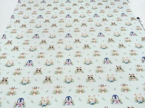 Stoff Baumwolle French Terry Sweatshirtstoff Waldtiere Hirsche Bären Pinguine Racoon Design mint grün braun bunt Kinderstoff Kleiderstoff