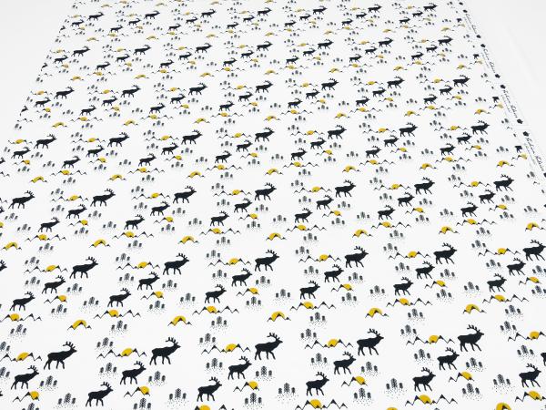 Stoff Baumwoll French Terry Sweatshirtstoff Hirsche Design weiß schwarz curry-gelb Kinderstoff Kleiderstoff