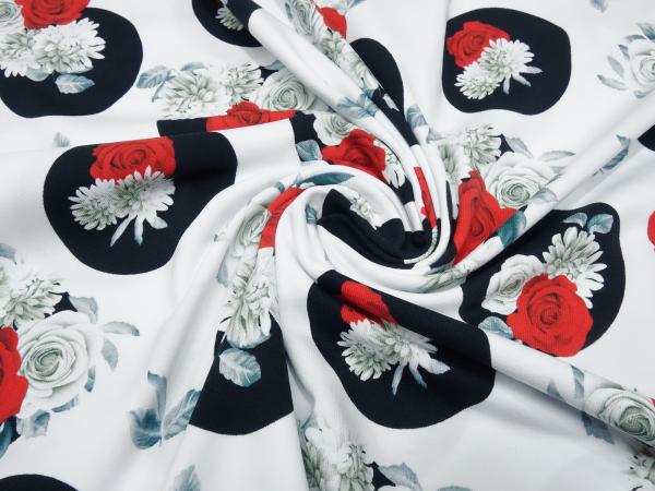 Fabric cotton jersey flowers roses dots design white red black gray dress fabric children's fabric