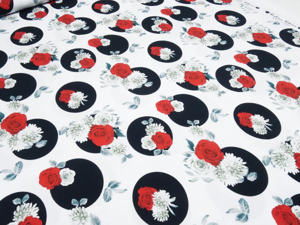 Fabric cotton jersey flowers roses dots design white red black gray dress fabric children's fabric
