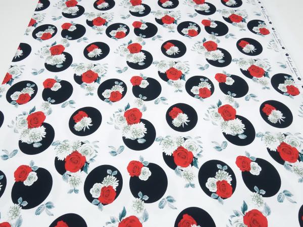 Fabric cotton jersey flowers roses dots design white red black gray dress fabric children's fabric