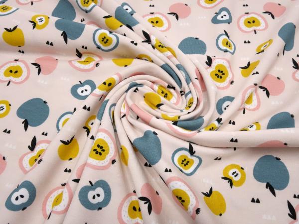 Stoff Baumwolle Jersey Apfel Äpfel Obst Design rosa senf grau weiß Kleiderstoff Kinderstoff