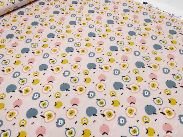 Stoff Baumwolle Jersey Apfel Äpfel Obst Design rosa senf grau weiß Kleiderstoff Kinderstoff