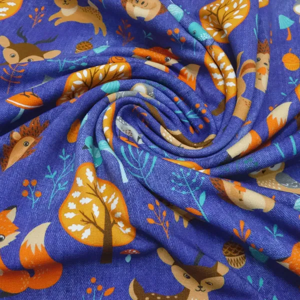 Fabric cotton French Terry sweatshirt fabric foxes rabbits deer forest animals design jeans blue orange brown colorful children's fabric dress fabric