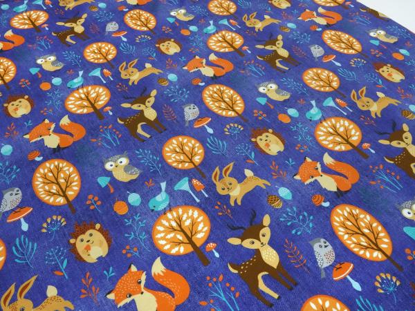 Stoff Baumwolle French Terry Sweatshirtstoff Füchse Hasen Rehe Waldtiere Design jeans blau orange braun bunt Kinderstoff Kleiderstoff