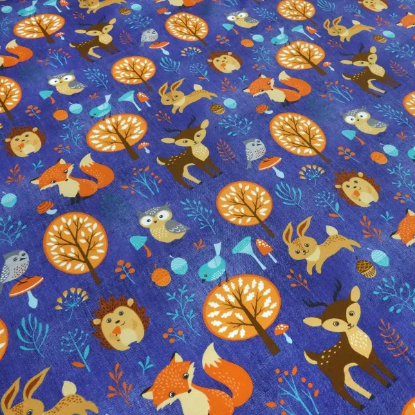 Fabric cotton French Terry sweatshirt fabric foxes rabbits deer forest animals design jeans blue orange brown colorful children's fabric dress fabric