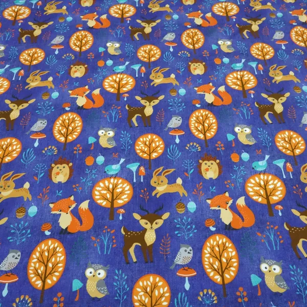 Fabric cotton French Terry sweatshirt fabric foxes rabbits deer forest animals design jeans blue orange brown colorful children's fabric dress fabric