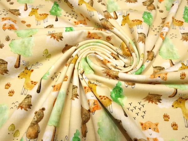 Fabric cotton jersey forest animals bears deer foxes design beige brown orange colorful children's fabric dress fabric