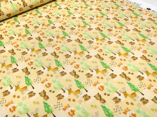 Fabric cotton jersey forest animals bears deer foxes design beige brown orange colorful children's fabric dress fabric
