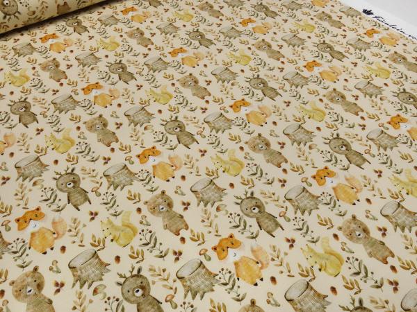 Stoff Baumwolle French Terry Sweatshirtstoff Waldtiere Bären Füchse Eichhörnchen Design beige braun orange bunt Kinderstoff Kleiderstoff