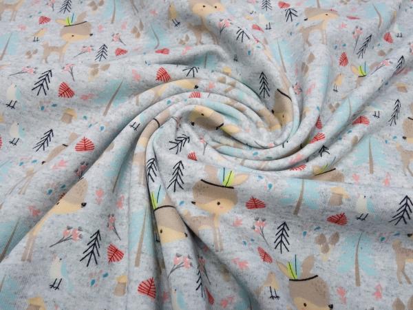 Stoff Baumwolle French Terry Sweatshirtstoff Rehe Kitz Vögel Design grau melange braun beige türkis bunt Kinderstoff Kleiderstoff