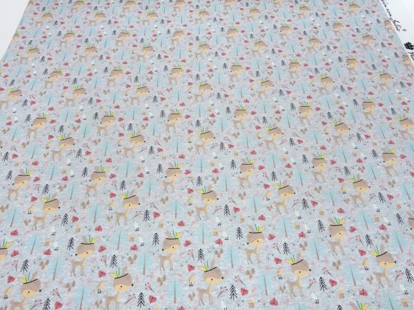 Stoff Baumwolle French Terry Sweatshirtstoff Rehe Kitz Vögel Design grau melange braun beige türkis bunt Kinderstoff Kleiderstoff
