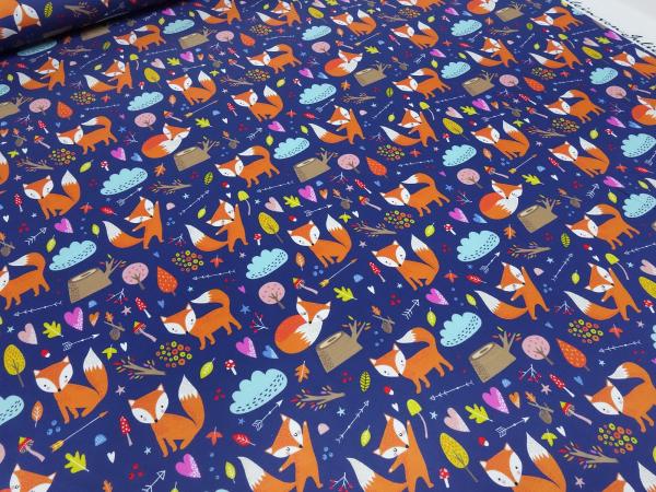 Stoff Baumwolle Jersey Fuchs Füchse Pilze Design blau orange weiß bunt Kinderstoff Kleiderstoff