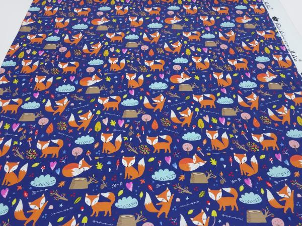 Stoff Baumwolle Jersey Fuchs Füchse Pilze Design blau orange weiß bunt Kinderstoff Kleiderstoff