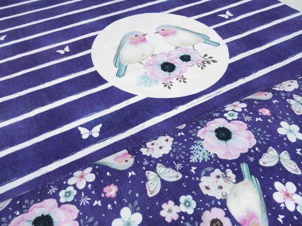 Fabric cotton jersey panel birds floral design blue pink white mint colorful children's fabric dress fabric