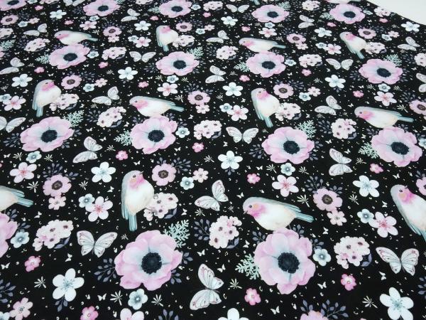 Stoff Baumwolle Jersey Panel Vögel Blumenmuster schwarz rosa weiß mint bunt Kinderstoff Kleiderstoff