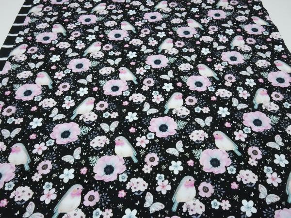 Stoff Baumwolle Jersey Panel Vögel Blumenmuster schwarz rosa weiß mint bunt Kinderstoff Kleiderstoff