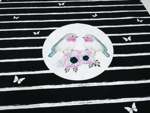 Stoff Baumwolle Jersey Panel Vögel Blumenmuster schwarz rosa weiß mint bunt Kinderstoff Kleiderstoff
