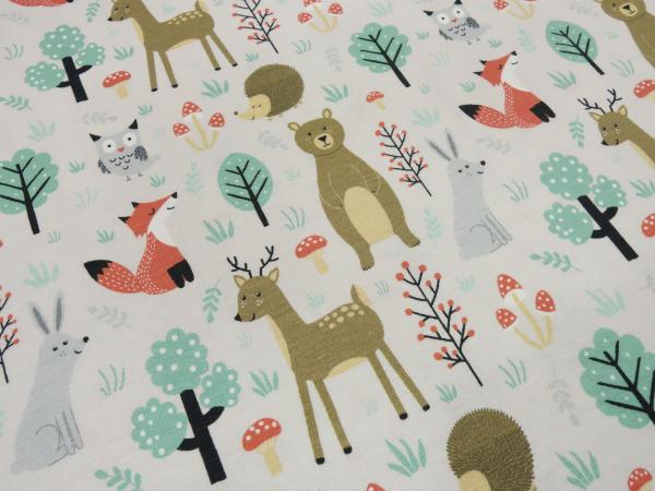 Stoff Baumwolle Jersey Waldtiere Bär Rehe Füchse Eulen Hasen Bäume Design natur beige braun mint orange bunt Kinderstoff Kleiderstoff
