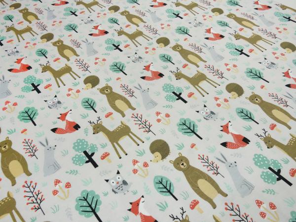 Stoff Baumwolle Jersey Waldtiere Bär Rehe Füchse Eulen Hasen Bäume Design natur beige braun mint orange bunt Kinderstoff Kleiderstoff