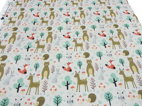 Stoff Baumwolle Jersey Waldtiere Bär Rehe Füchse Eulen Hasen Bäume Design natur beige braun mint orange bunt Kinderstoff Kleiderstoff