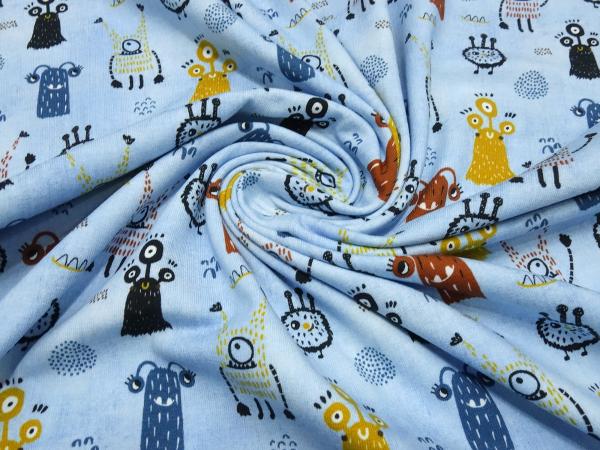 Stoff Baumwolle Jersey Monster jeans blau curry rost Kinderstoff Kleiderstoff