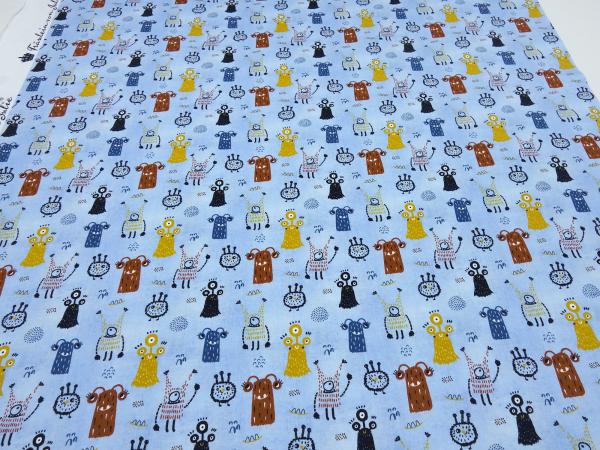 Stoff Baumwolle Jersey Monster jeans blau curry rost Kinderstoff Kleiderstoff