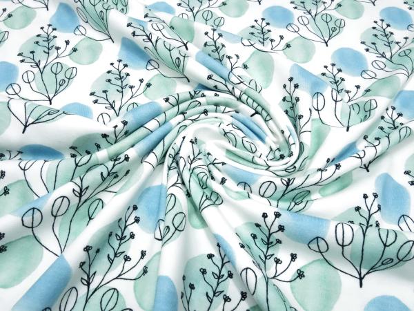 Stoff Baumwolle Jersey Eukalyptus Blätter Punkte weiß mint blau schwarz Kinderstoff Kleiderstoff