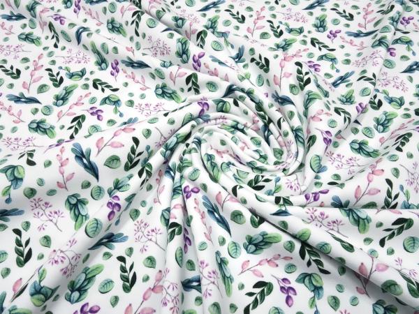 Fabric cotton jersey eucalyptus leaves design white green pink purple colorful children's fabric dress fabric