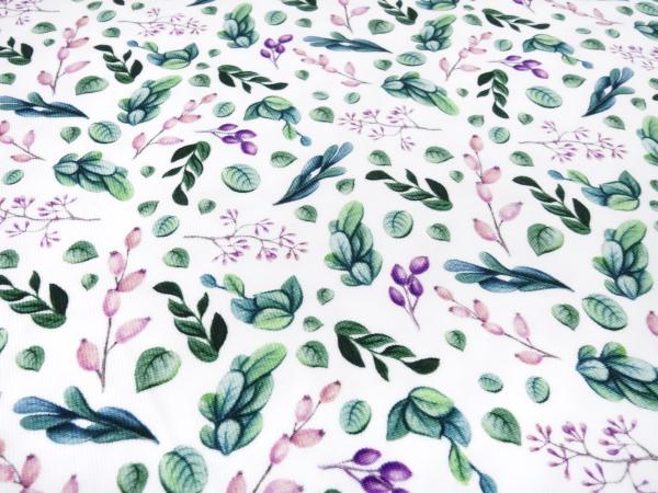 Fabric cotton jersey eucalyptus leaves design white green pink purple colorful children's fabric dress fabric