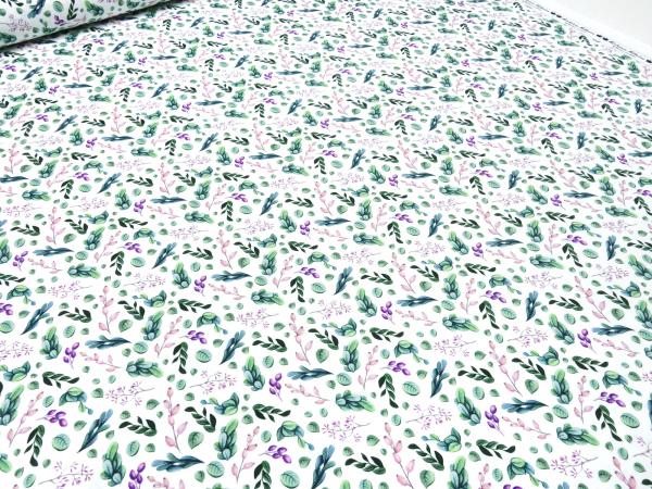 Fabric cotton jersey eucalyptus leaves design white green pink purple colorful children's fabric dress fabric