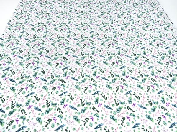 Fabric cotton jersey eucalyptus leaves design white green pink purple colorful children's fabric dress fabric