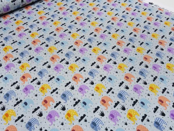 Stoff Baumwolle Jersey Elefanten Design grau melange orange curry blau grau bunt Kinderstoff Kleiderstoff