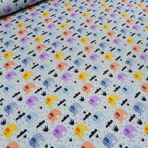 Stoff Baumwolle Jersey Elefanten Design grau melange orange curry blau grau bunt Kinderstoff Kleiderstoff