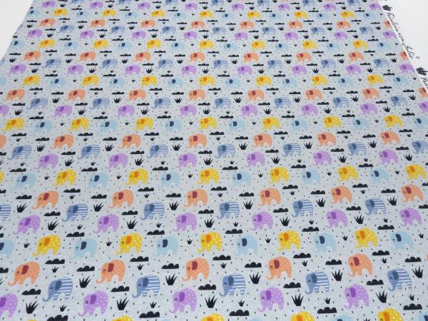 Stoff Baumwolle Jersey Elefanten Design grau melange orange curry blau grau bunt Kinderstoff Kleiderstoff