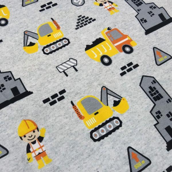 Fabric cotton jersey excavator construction worker truck design gray yellow orange black white children's fabric dress fabric