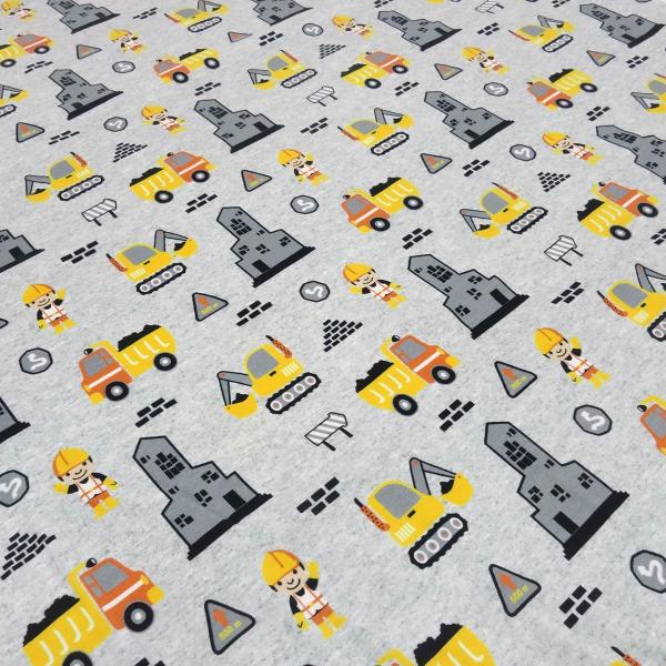 Fabric cotton jersey excavator construction worker truck design gray yellow orange black white children's fabric dress fabric