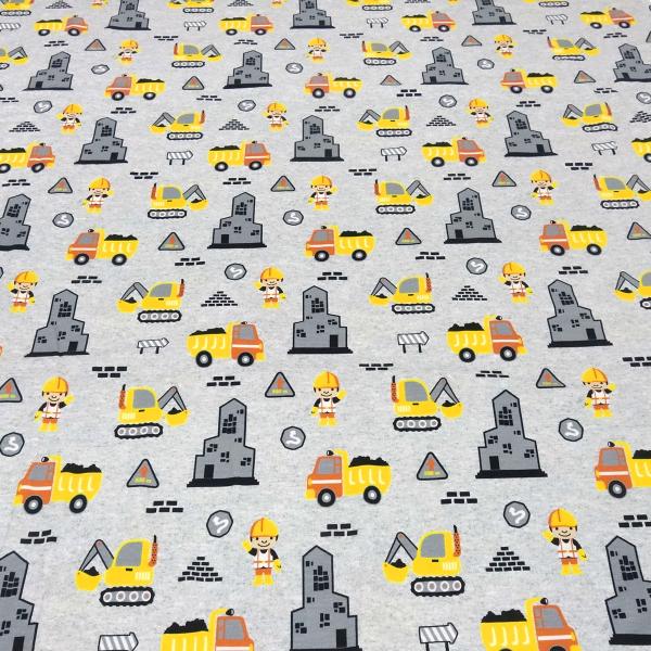 Fabric cotton jersey excavator construction worker truck design gray yellow orange black white children's fabric dress fabric
