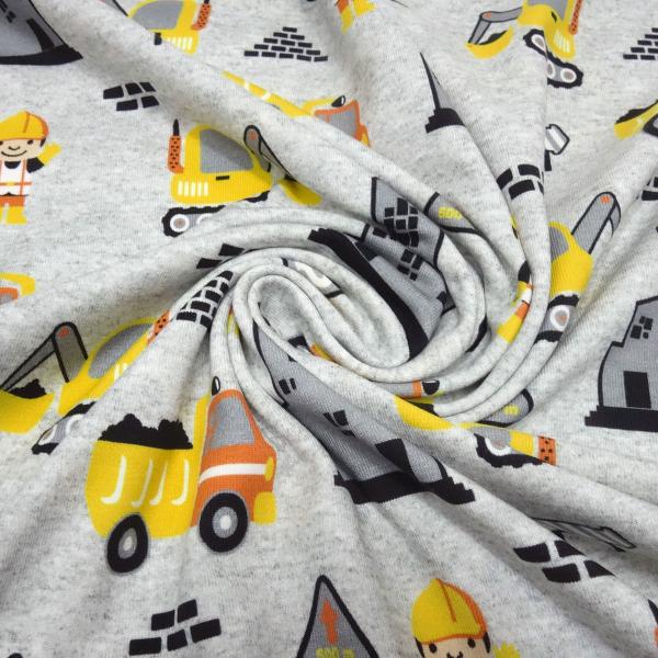 Fabric cotton jersey excavator construction worker truck design gray yellow orange black white children's fabric dress fabric
