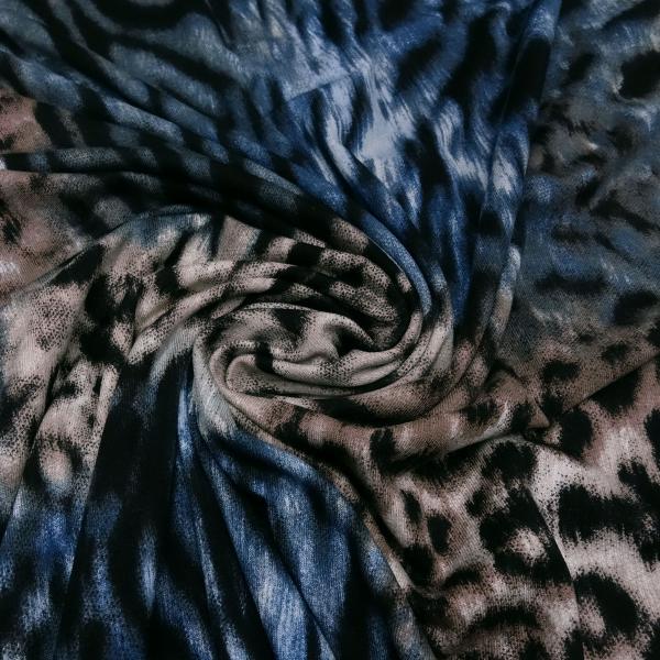Stoff Viskose Jersey Leo Tiger Tierfellimitat Design blau braun beige schwarz Kleiderstoff