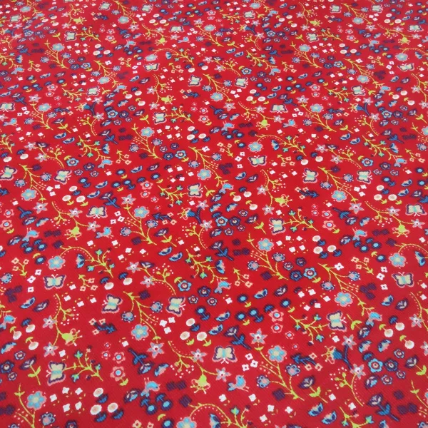 Cord Feincord Stoff 100% Baumwolle Vögel Schmetterlinge Blumen rot bunt