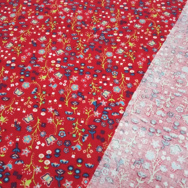 Cord Feincord Stoff 100% Baumwolle Vögel Schmetterlinge Blumen rot bunt