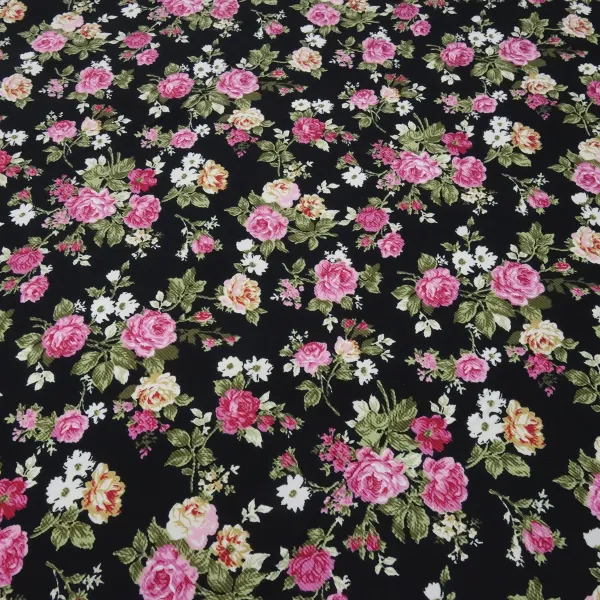 Hochwertiger Feincord Stoff 100% Baumwolle Rosen Design Schwarz Rosa Kleiderstoff Kinderstoff