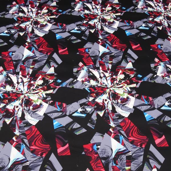 Stoff Baumwolle Satin Stretch abstraktes geometrisches Muster Design schwarz grau rot blau weiß Kleiderstoff Hosenstoff Kostümstoff