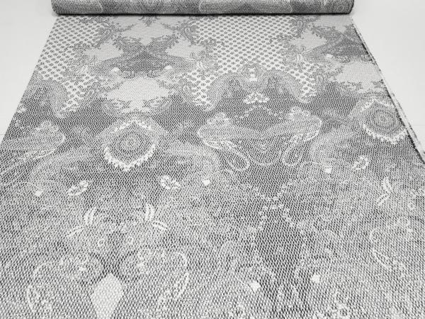 Stoff Stretch Baumwolle Piqué Paisley Design weiß schwarz grau Kleiderstoff