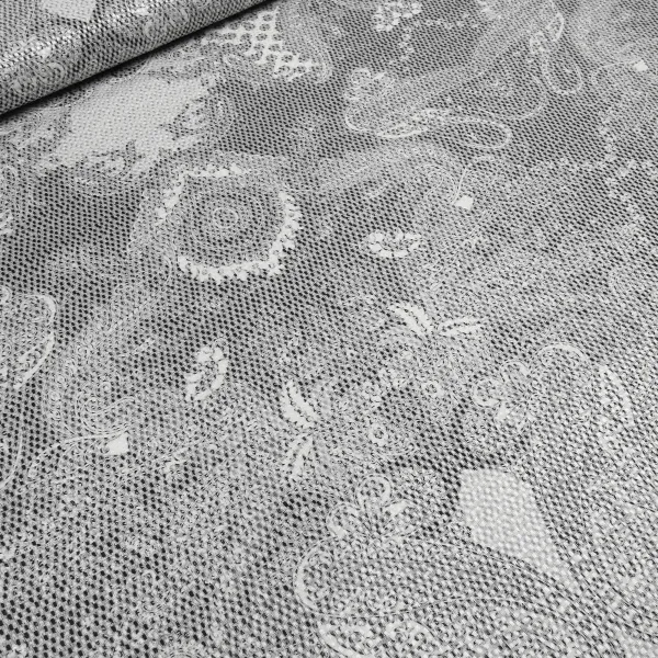 Stoff Stretch Baumwolle Piqué Paisley Design weiß schwarz grau Kleiderstoff