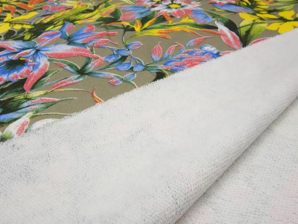 Stoff Sweatshirtstoff French Terry mit Blumen Design taupé gelb grün blau rot bunt Kleiderstoff