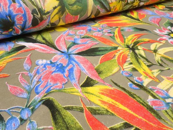 Stoff Sweatshirtstoff French Terry mit Blumen Design taupé gelb grün blau rot bunt Kleiderstoff